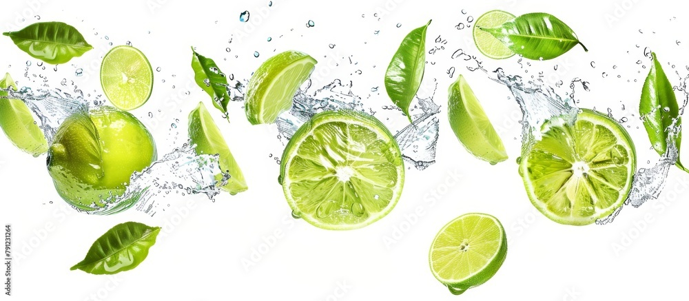 Fresh green limes and slices falling into clear water surrounded by vibrant green leaves in a refreshing and citrusy scene Fresh green limes and slices falling into clear water surrounded by vibrant green leaves in a refreshing and citrusy scene