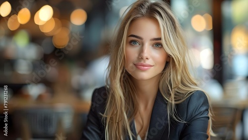 Confident Blonde Businesswoman in Suit Engaging in Negotiations with Client Over Coffee. Concept Business Attire, Professional Woman, Negotiation Skills, Customer Engagement, Coffee Meeting