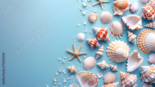 Seashells on a light cyan background in a flat lay style, suitable for travel or Mother's Day greetings or a summer sale banner. photo
