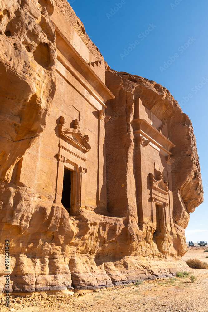 Al Ula, Saudi Arabia: The amous tombs of the Nabatean civilization, Al-Ula being their second largest city after Petra, at the Madain Saleh site in the Saudi Arabia desert
