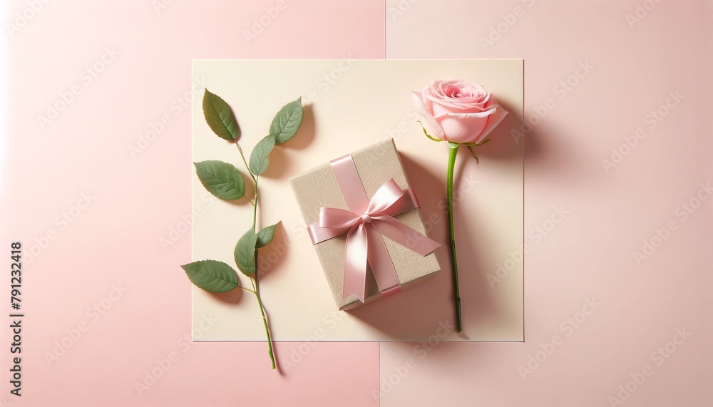 Fototapeta premium Elegant Gift Box and Rose on Pink Background.
