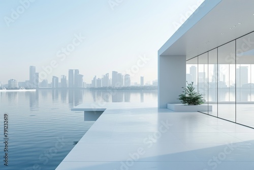 Modern buildings by the lake. The modern urban skyline is in the background.