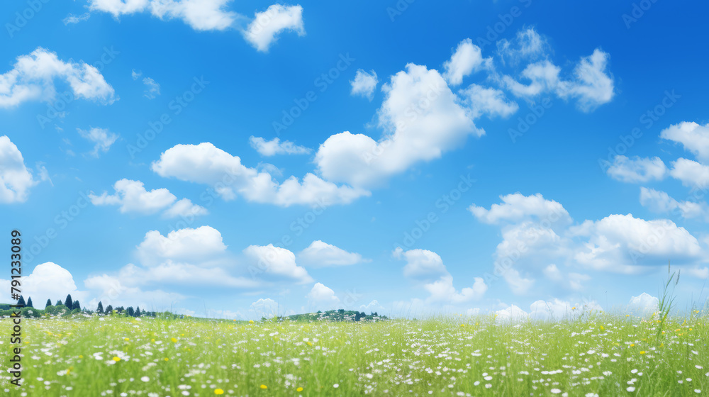 Fototapeta premium Beautiful spring summer natural landscape. Green meadow grass with white and yellow flowers on blue sky background with clouds on warm sunny day. Colorful and bright natural pastoral landscape.