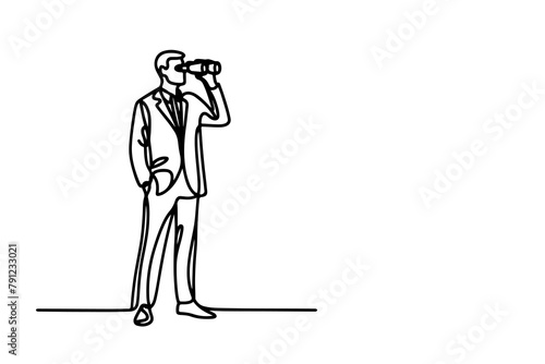 One continuous black line hand drawing of traveler man standing, holding binocular and looking into distance with binoculars linear sketch doodle on white background vector