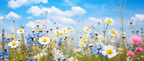 Beautiful meadow close-up of small white, pink and blue daisy blooming flowers on cloudy sky and spring summer day background. Colorful and bright natural pastoral landscape.