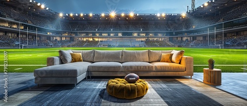 Portrait of a sofa in middle of a football field with a blurry stadium in backdrop with a big space for text or product background, Generative AI. photo