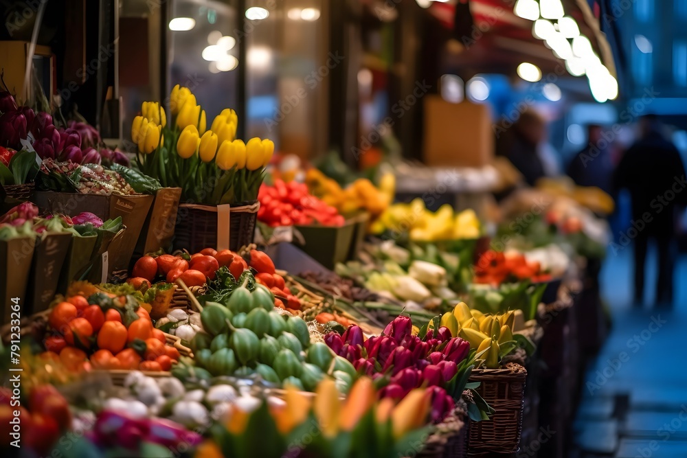 Fresh vegetables at a farmers market in Paris, France. Blurred background