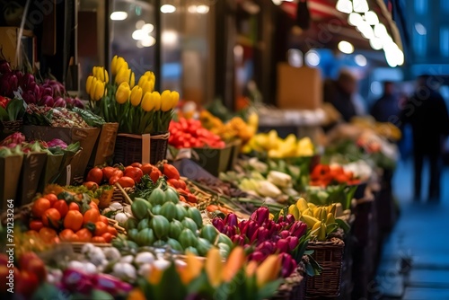 Fresh vegetables at a farmers market in Paris, France. Blurred background