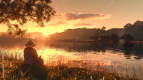 Serene Sunset Fishing by the Lake #791233270