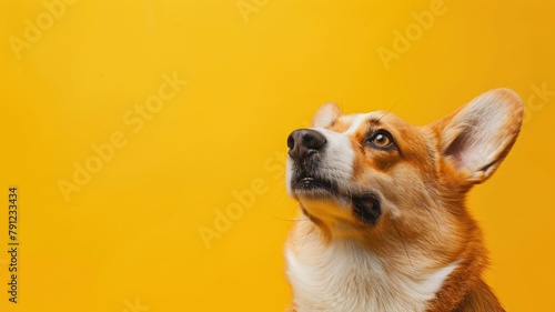 Attentive brown and white dog with large ears against yellow background
