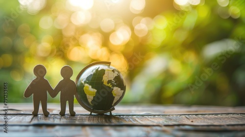 Two cardboard cutout figures holding hands beside small globe on wooden surface with nature background