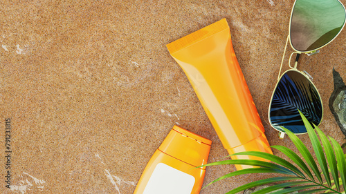 Bottle of sunscreen, sunglasses and palm leaves on the beach.