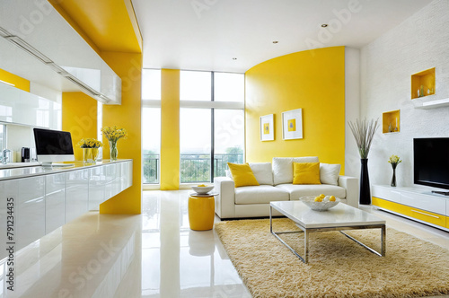 modern interior design living room mockup sofa table couch windows furniture yellow and white tone