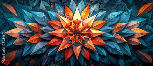 A geometrical form that echoes blooms petals is encompassed by a brightly hued, asymmetry artwork with an orange and blue setting and space, Generative AI.