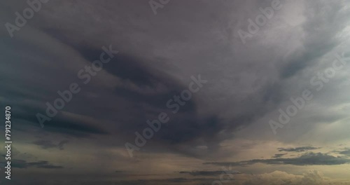Timelapse dark storm clouds dramatic black sky background. Dark clouds before thunderstorm coming. Meteorology danger windstorm climate. Dark cloudscape storm disaster timelapse gloomy gray sky.