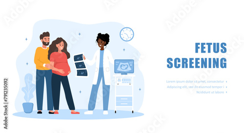 Fetus screening concept. Female doctor gives results of ultrasound examination. Arabian family expecting for baby. Future parents in clinic. Vector illustration in flat cartoon style.