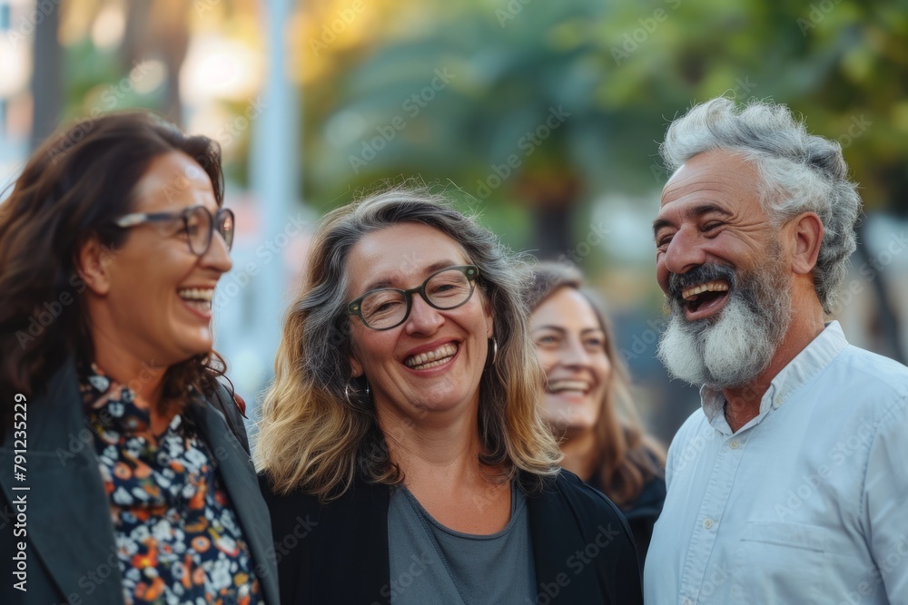 Group of senior people walking on the street. Smiling and laughing.