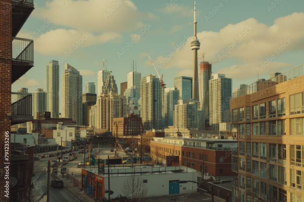 Fototapeta premium Modern futuristic downtown city center financial business district corporations headquarters hq skyscrapers office buildings largest companies tall towers buildings future tourism reflections