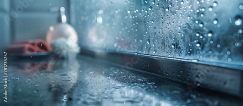 A solitary feline perched on a windowsill, looking out at the rain pouring down outside photo