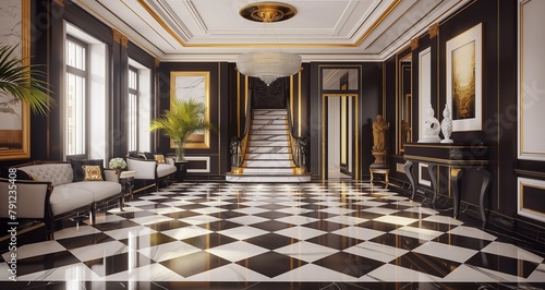 Stylish Art Deco interior with black and white checkered floor and gold accents