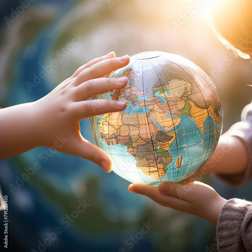 Fingers of a child and parent touching a globe, educational theme, focus on interaction, learning and exploration photo