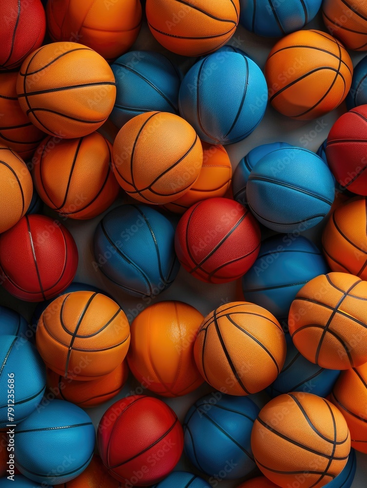 Vibrant basketballs in a tight pattern - A colorful array of basketballs in red, blue, and orange tightly packed, capturing a sense of motion and sportsmanship Vibrant basketballs in a tight pattern - A colorful array of basketballs in red, blue, and orange tightly packed, capturing a sense of motion and sportsmanship