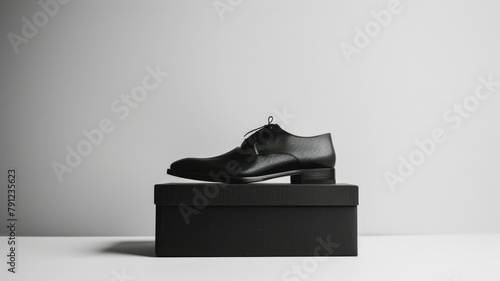 Elegant black leather shoe on minimal setup - A classic men's black leather shoe presented on a black box with a plain light background for a sleek and sophisticated vibe photo