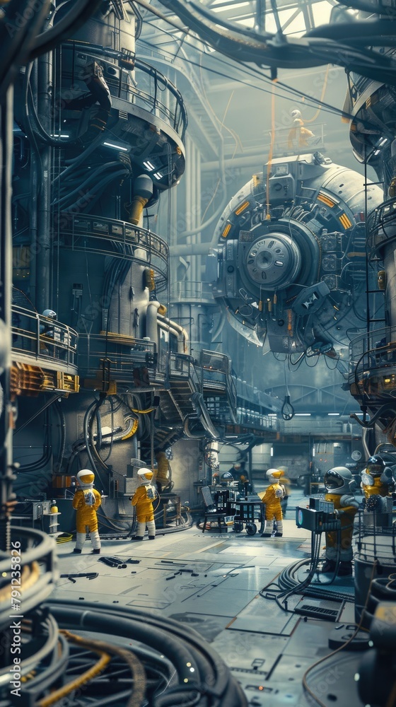 Spacecraft assembly area with robots and engineers in a hangar