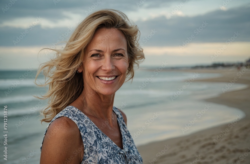 Middle aged woman on the beach taking a walk and smiling at the camera - text space for ad copy Middle aged woman on the beach taking a walk and smiling at the camera - text space for ad copy