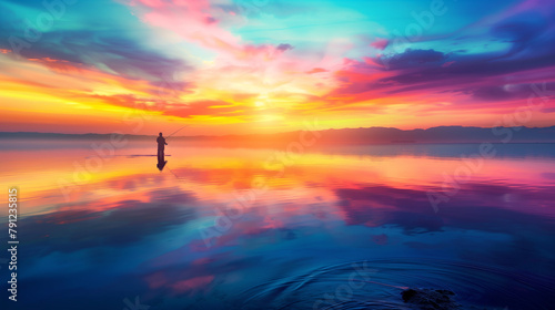 Solitary Fisherman at Vibrant Sunset