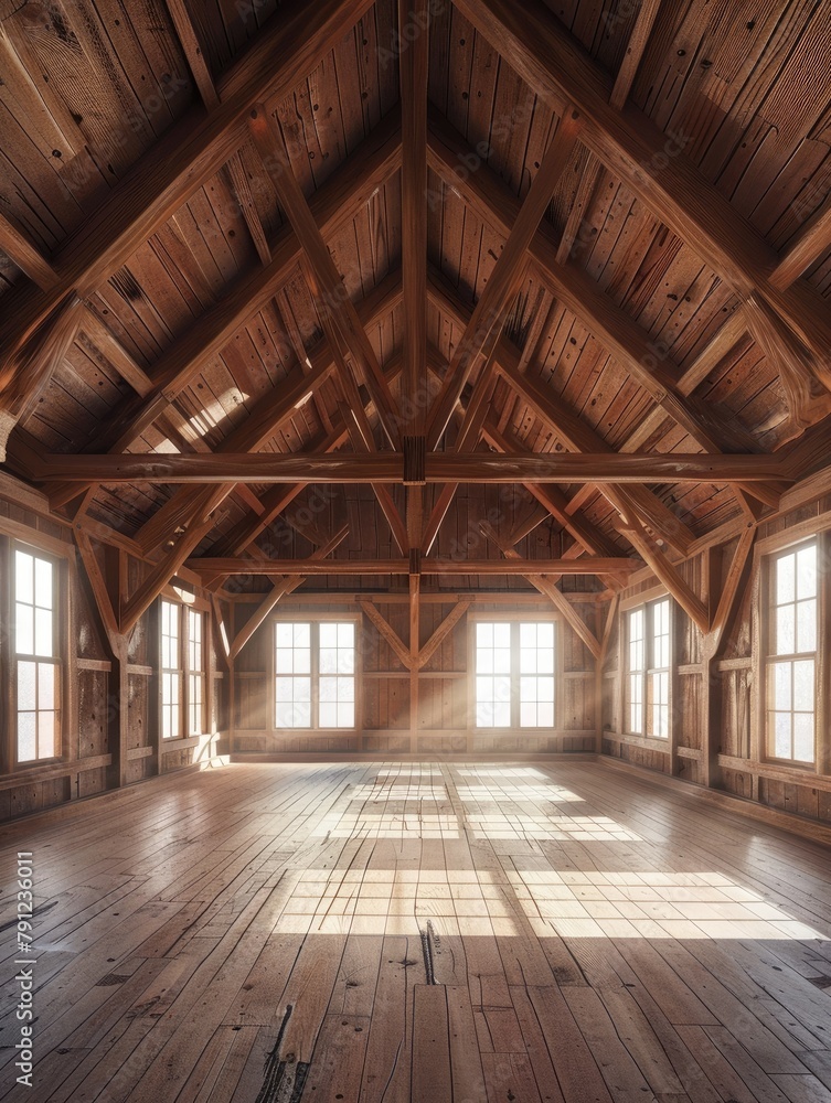Spacious attic with exposed wooden beams - A large, open attic with sunlight flooding through windows, highlighting the beautiful exposed wooden beams and architecture
