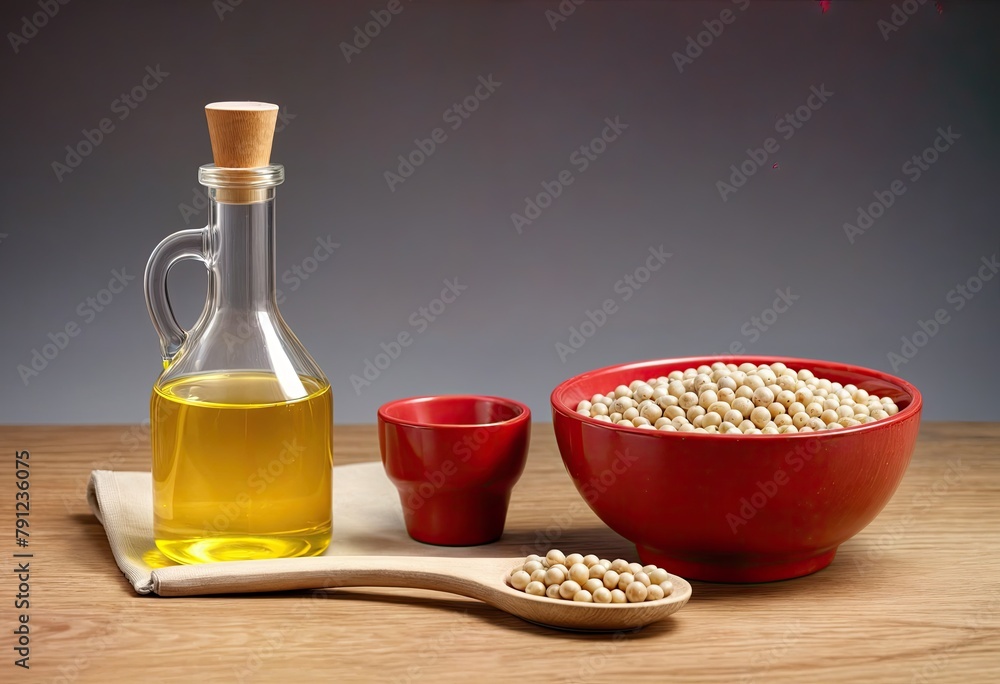 A glass bottle filled with soy oil on a wooden table