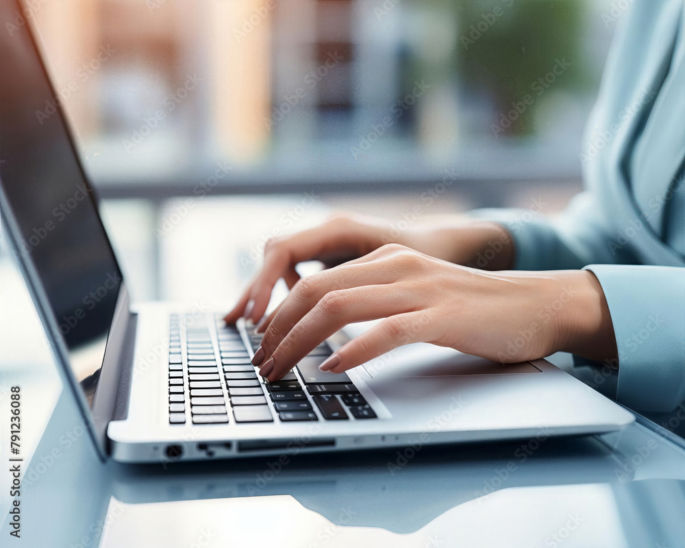 Businesswomans fingers typing rapidly on a laptop keyboard, focus on hands, blurred office background, work urgency Businesswomans fingers typing rapidly on a laptop keyboard, focus on hands, blurred office background, work urgency