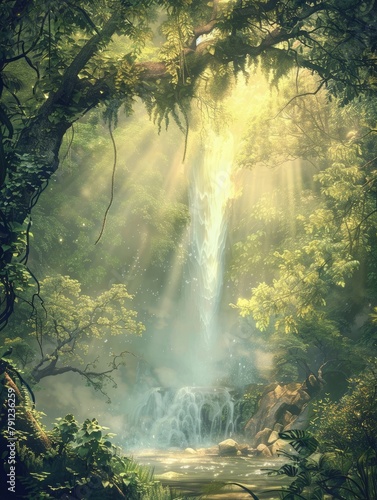 Sunbeams shining through wild jungle waterfall - A radiant waterfall hidden in a wild jungle  with dazzling sunbeams cutting through the thick green canopy