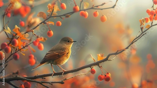 Tranquil nature scene with a small bird - A serene wildlife image capturing a small bird perched among vibrant autumn berries and leaves