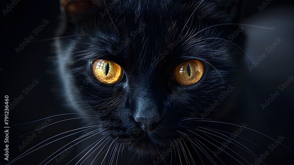 Halloween concept. Close-up of a black cat's muzzle. Portrait of a black kitten with yellow eyes. Holiday banner Halloween concept. Close-up of a black cat's muzzle. Portrait of a black kitten with yellow eyes. Holiday banner
