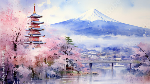 Pastel hues in a watercolor Japanese scene, Mount Fuji, blossoming sakura, temple details, serene twilight, wide format.