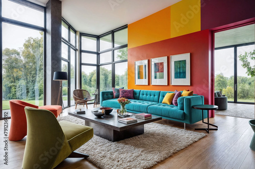 modern interior design living room mockup sofa table couch windows furniture rainbow colorful tone