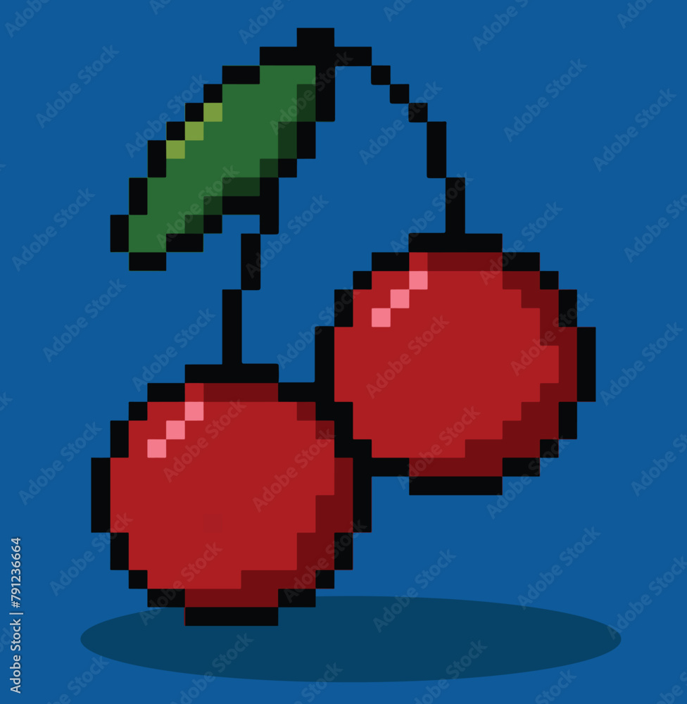 Cherry in 8 bit pixel art. Cherry pixel in vector. Cherry in 8 bit pixel art. Cherry pixel in vector.