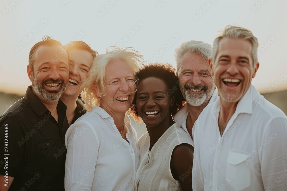 Group of diverse senior friends looking at camera and smiling while standing outdoors. Group of diverse senior friends looking at camera and smiling while standing outdoors.