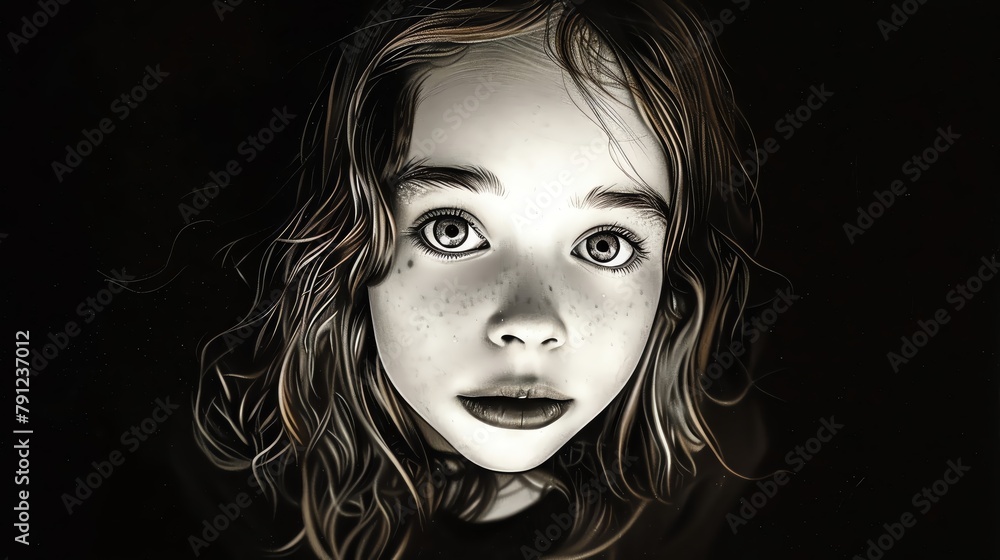 A girl with freckles and curly hair stares at the viewer with wide eyes. A girl with freckles and curly hair stares at the viewer with wide eyes.