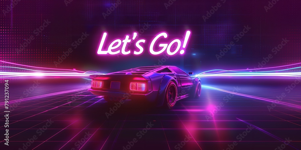 An illustration of a car with written Let's Go over it with a big space for text or product advertisement backdrop with vibrant neon light background, Generative AI. - obrazy, fototapety, plakaty 