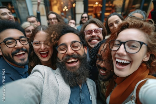 Group of happy young people taking selfie on the street. Group of friends laughing and having fun together. photo
