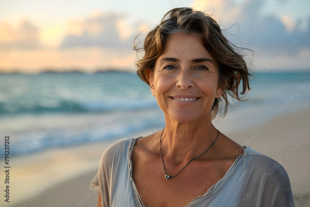 Portrait of a smiling mature woman standing on the beach on a sunny day, enjoying the beauty of nature and relaxation. Portrait of a smiling mature woman standing on the beach on a sunny day, enjoying the beauty of nature and relaxation.
