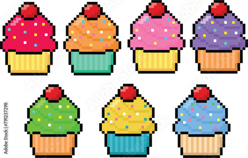 Cupcake in 8 bit pixel art. Cupcake pixel in vector.