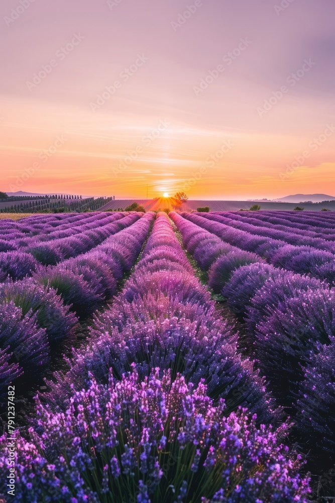Fototapeta premium A tranquil lavender farm in the countryside, with neat rows of fragrant purple flowers stretching towards the horizon under a pink and orange sunset, Generative AI