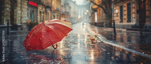 Portrait of an umbrella kept on a rainy wet street a rainy day product backdrop for text or advertisement  with a big space  Generative AI.