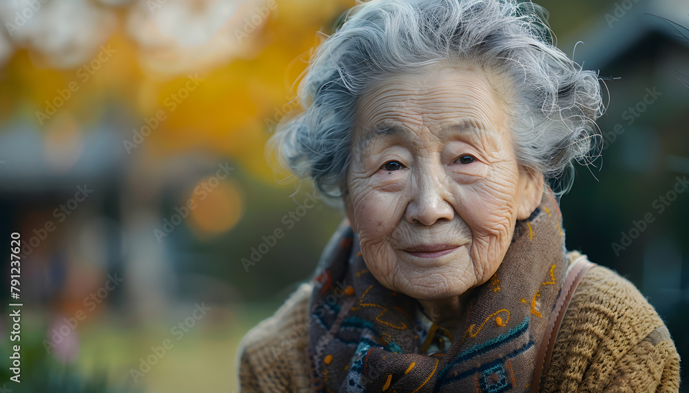 Elderly Asian lady outdoors with copy space. Serene and contemplative scene of a senior woman enjoying nature Elderly Asian lady outdoors with copy space. Serene and contemplative scene of a senior woman enjoying nature