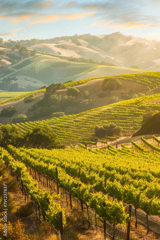 Rolling hills of vibrant green vineyards bathed in golden sunlight, with workers harvesting grapes for winemaking, Generative AI