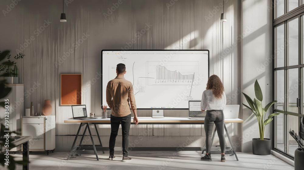 Two people are standing in front of a large computer monitor. They are working on a project together Two people are standing in front of a large computer monitor. They are working on a project together